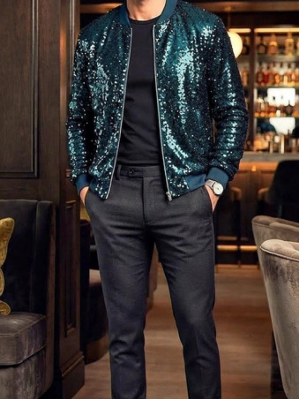 NWT Nova Men Textured Blinged Out Sequin Bomber Jacket Teal Size XL